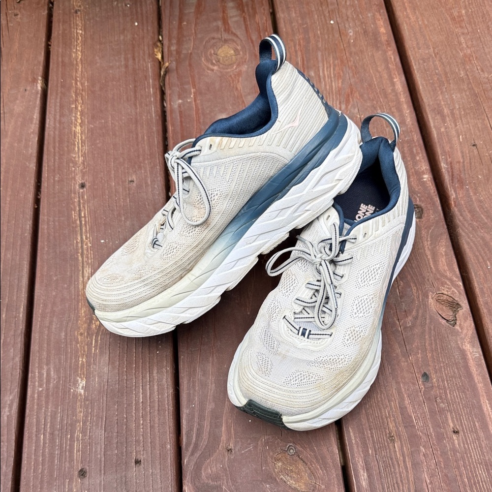 Hoka Cream and Navy Athletic Shoes- women's size 9 Wide- worn once